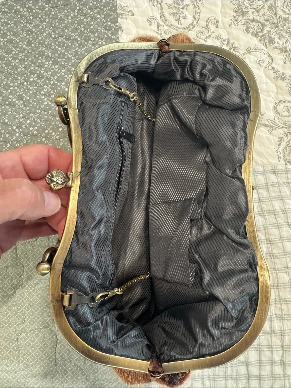 Brown Faux Fur Sequin Frame Clutch with Ornate Handle